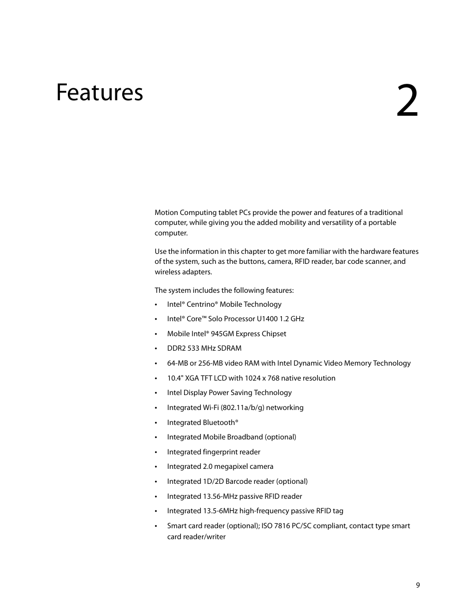 Features, Chapter 2 | Motion Computing MOTION C5 User Manual | Page 15 / 86