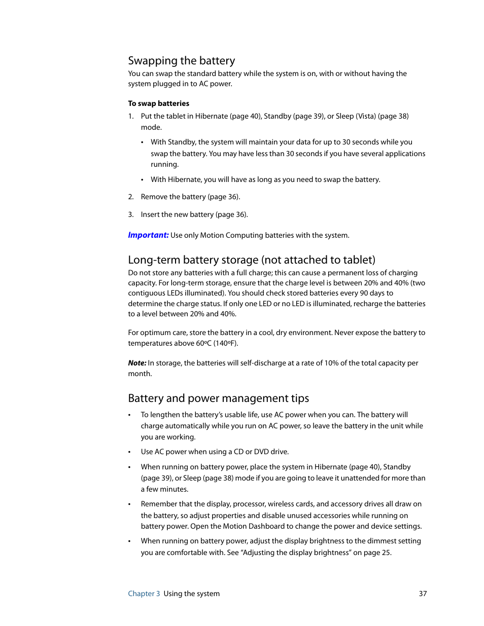 Swapping the battery, Long-term battery storage (not attached to tablet), Battery and power management tips | Motion Computing MOTION C5 User Manual | Page 45 / 86