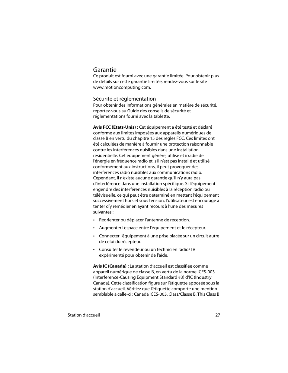 Garantie, Sécurité et réglementation | Motion Computing MotionTM C5 User Manual | Page 35 / 78