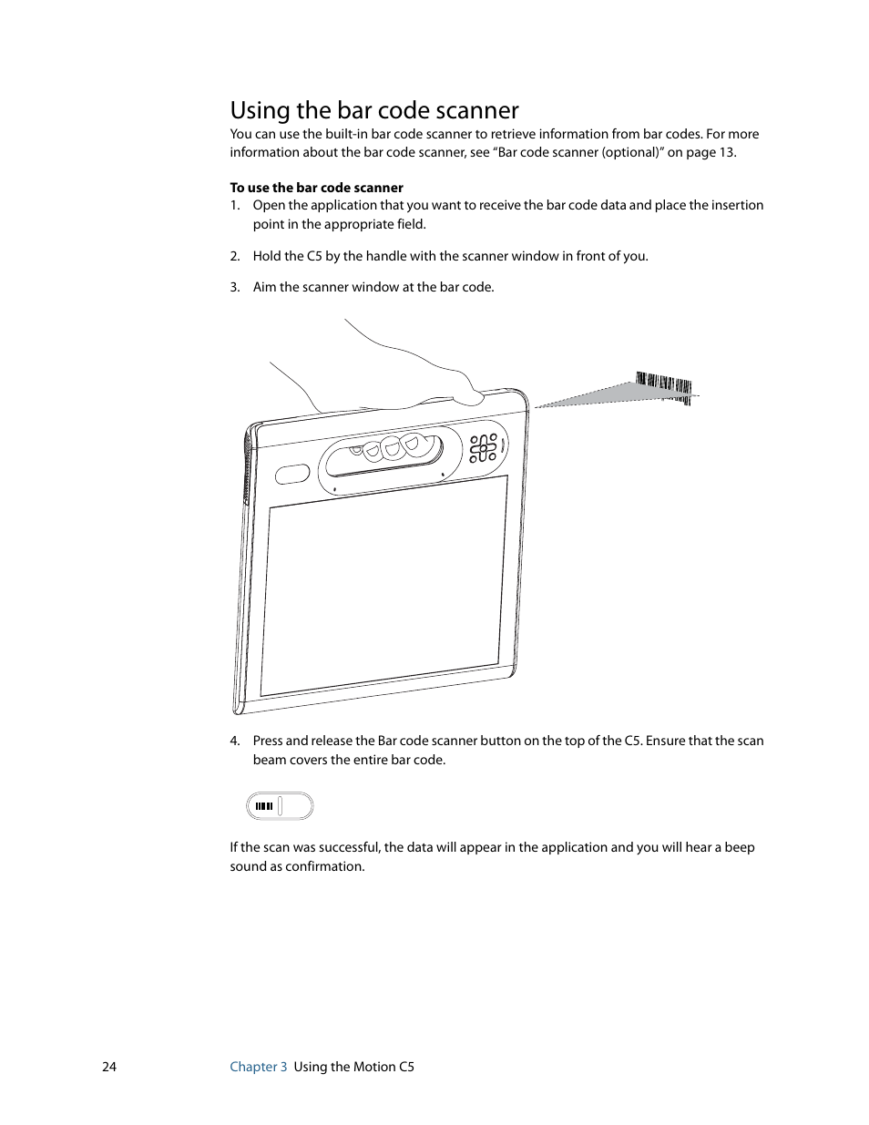 Using the bar code scanner | Motion Computing C5 User Manual | Page 26 / 66