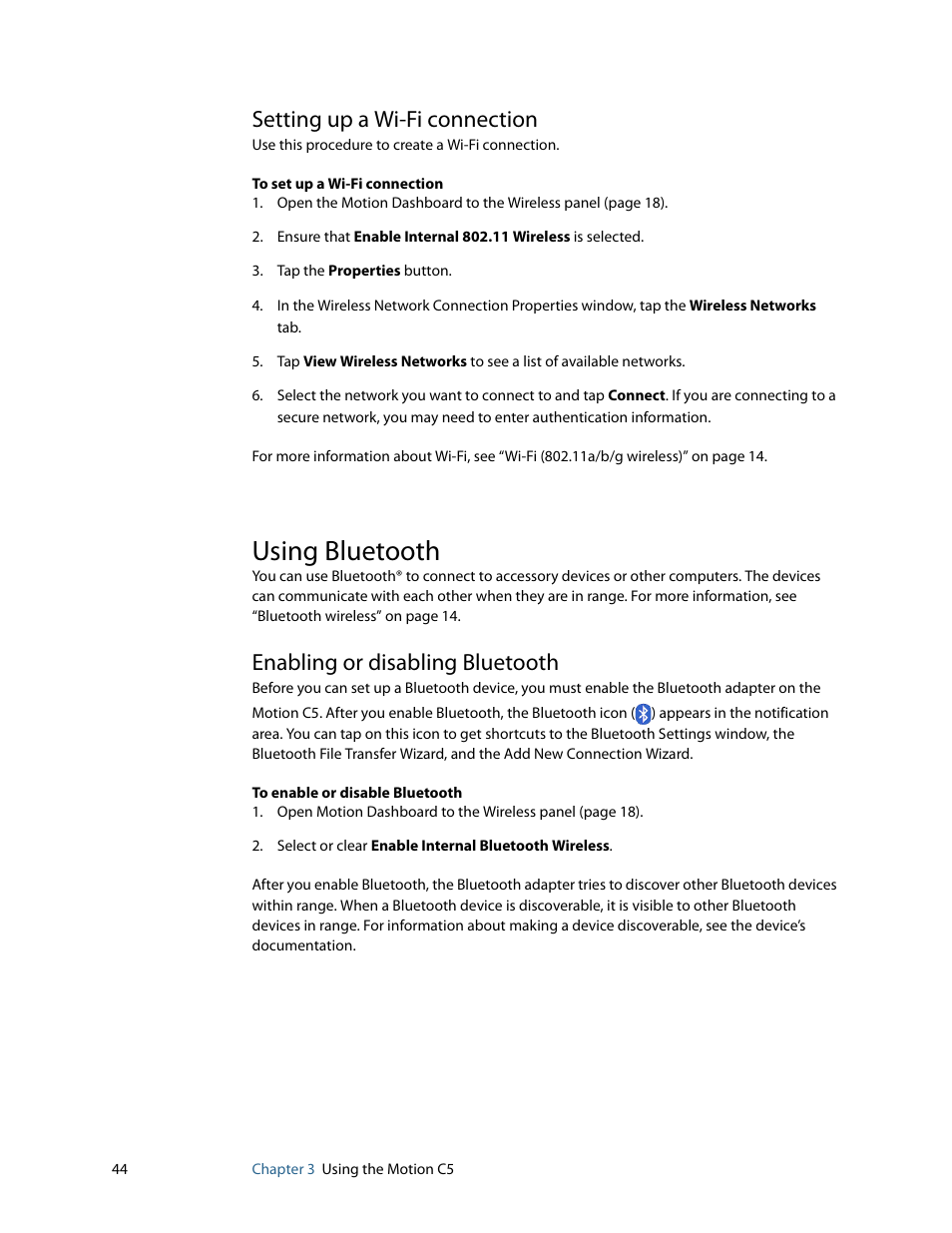 Setting up a wi-fi connection, Using bluetooth, Enabling or disabling bluetooth | Motion Computing C5 User Manual | Page 46 / 66