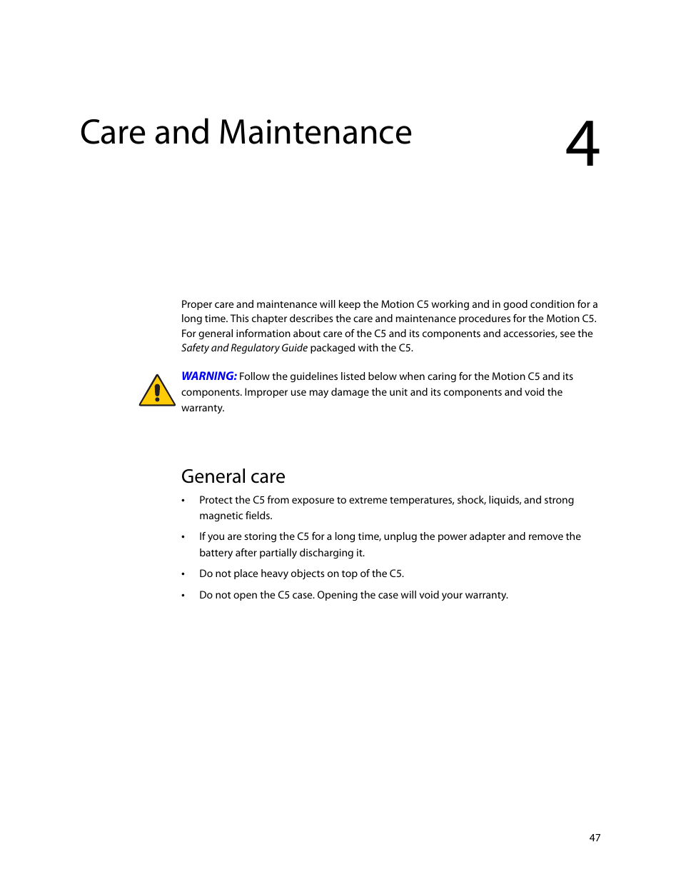 General care, Care and maintenance | Motion Computing C5 User Manual | Page 49 / 66