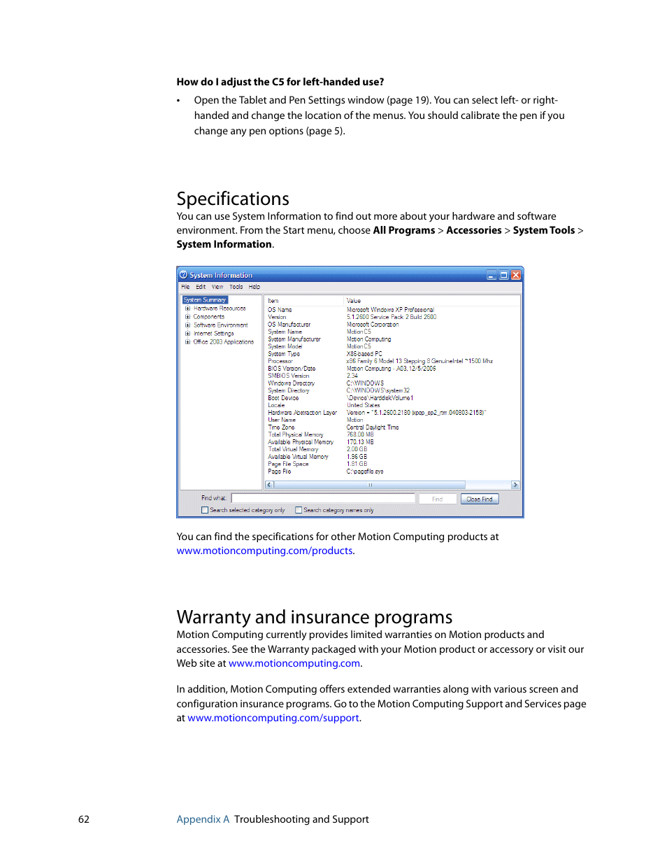 Specifications, Warranty and insurance programs | Motion Computing C5 User Manual | Page 64 / 66