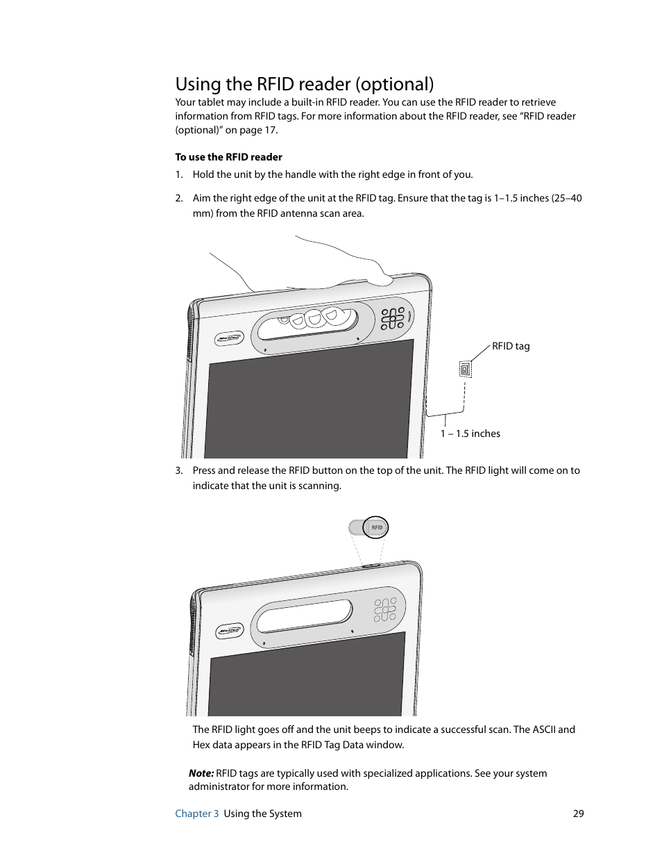 Using the rfid reader (optional) | Motion Computing F5 User Manual | Page 35 / 78