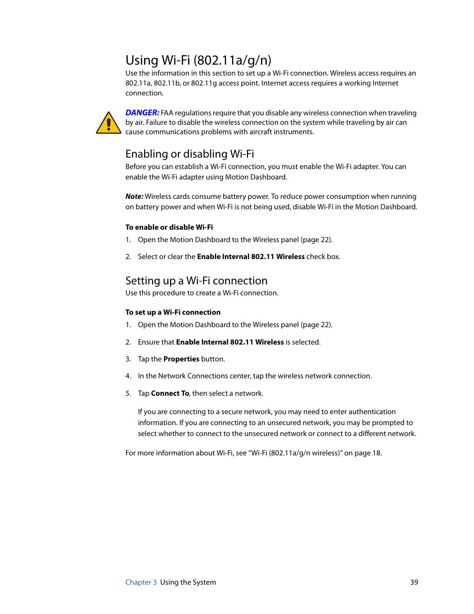 Using wi-fi (802.11a/g/n), Enabling or disabling wi-fi, Setting up a wi-fi connection | Motion Computing F5 User Manual | Page 45 / 78
