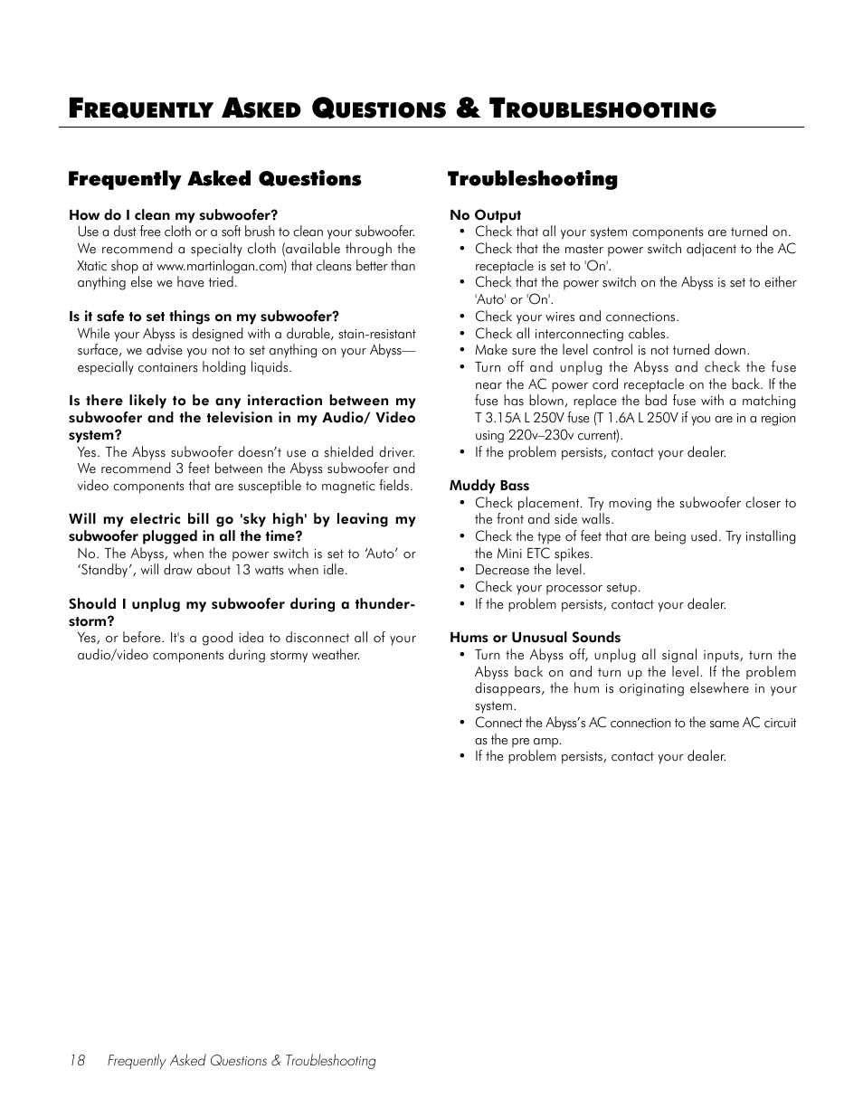 Requently, Sked, Uestions | Roubleshooting | MartinLogan Speaker User Manual | Page 18 / 24