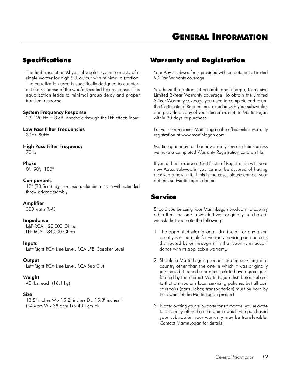 Eneral, Nformation, Service | Warranty and registration specifications | MartinLogan Speaker User Manual | Page 19 / 24
