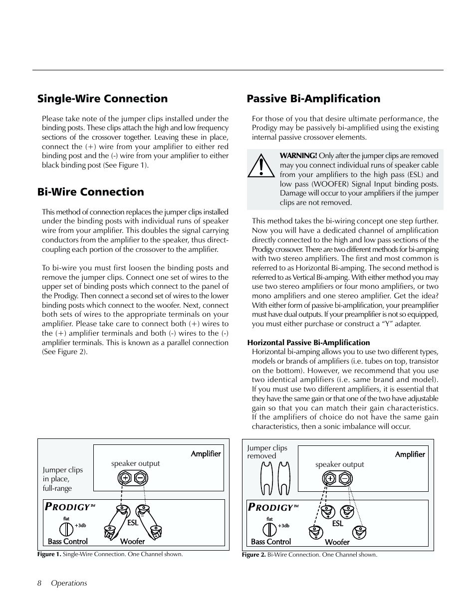Single-wire connection, Bi-wire connection, Passive bi-amplification | Single-wire connection passive bi-amplification | MartinLogan Prodigy User Manual | Page 8 / 28