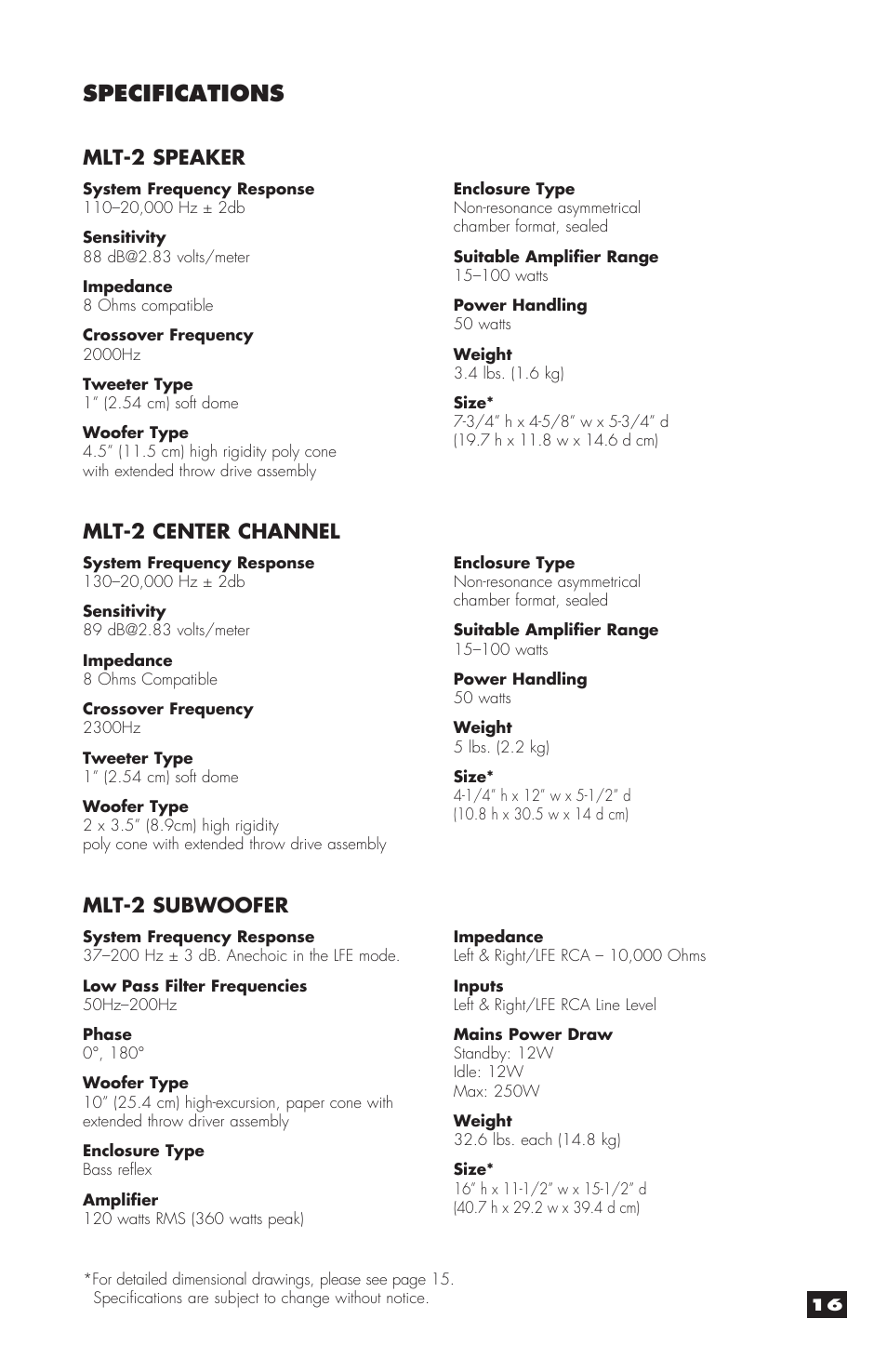 Specifications, Mlt-2 center channel, Mlt-2 subwoofer | Mlt-2 speaker | MartinLogan MLT-2 User Manual | Page 17 / 20