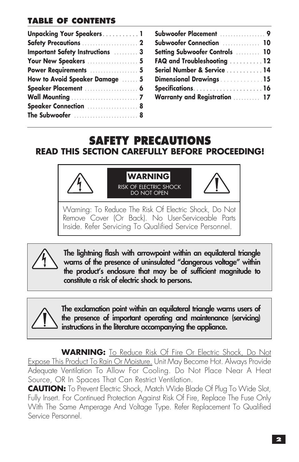 Safety precautions, Proceeding | MartinLogan MLT-2 User Manual | Page 3 / 20