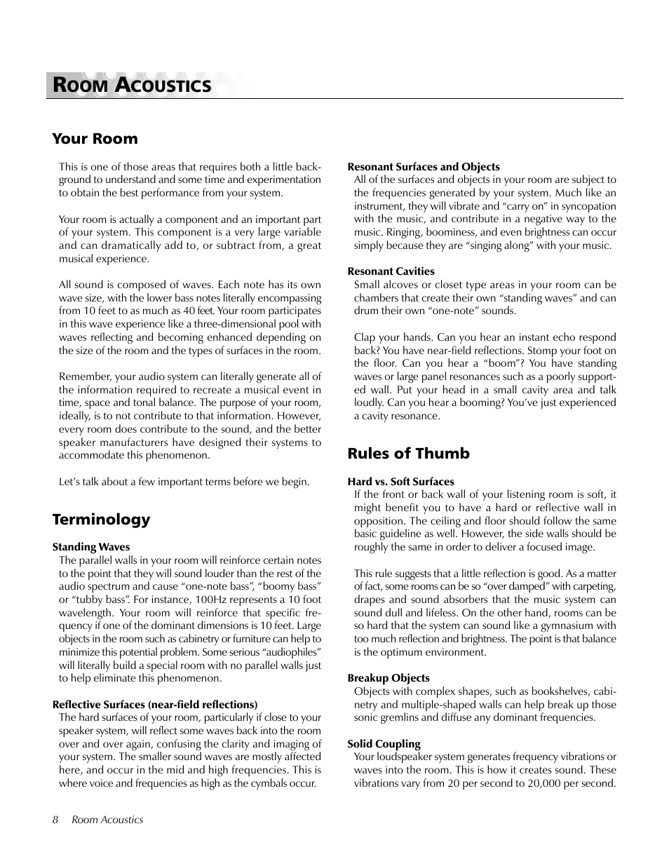 Your room, Terminology, Rules of thumb | Dipolar speakers and your room, Solid footing, Coustics | MartinLogan pmn User Manual | Page 8 / 24