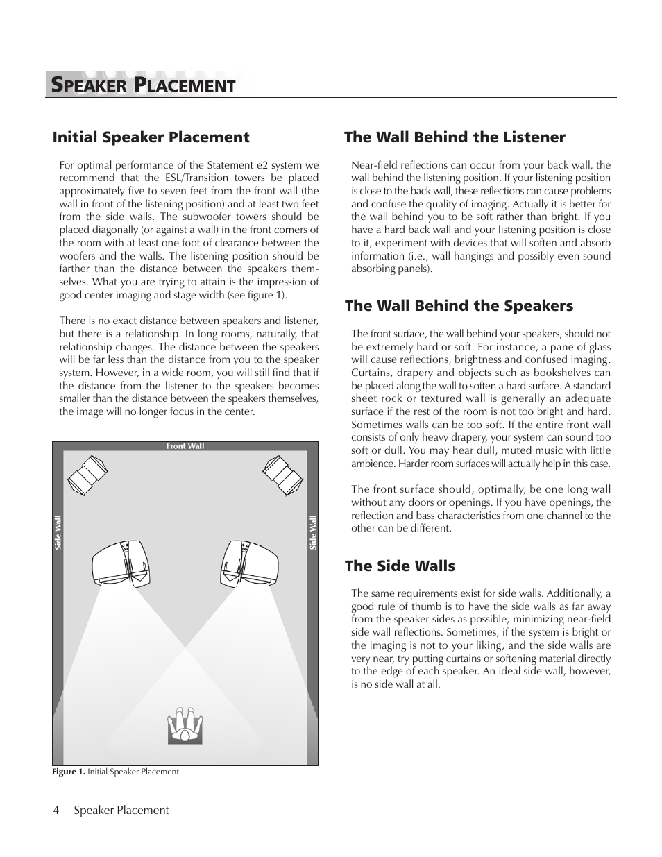 Speaker placement, Initial speaker placement, The wall behind the listener | The wall behind the speakers, The side walls, Peaker, Lacement | MartinLogan E2 User Manual | Page 4 / 32