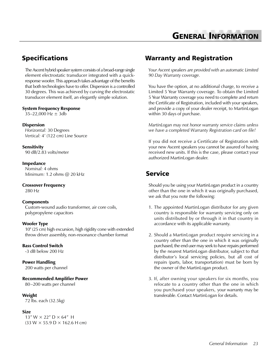 General information, Specifications, Warranty and registration | Service, Eneral, Nformation, Warranty and registration specifications | MartinLogan Ascent LoudSpeaker User Manual | Page 23 / 28
