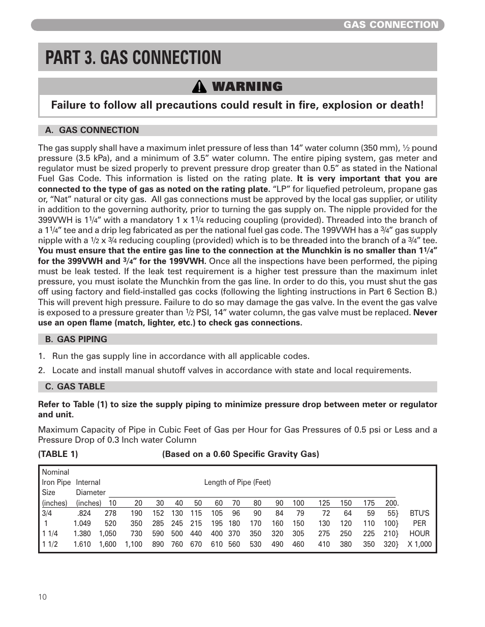 Part 3. gas connection, Warning | Munchkin VWH High Efficiency Hot Water Supply Boiler User Manual | Page 10 / 44