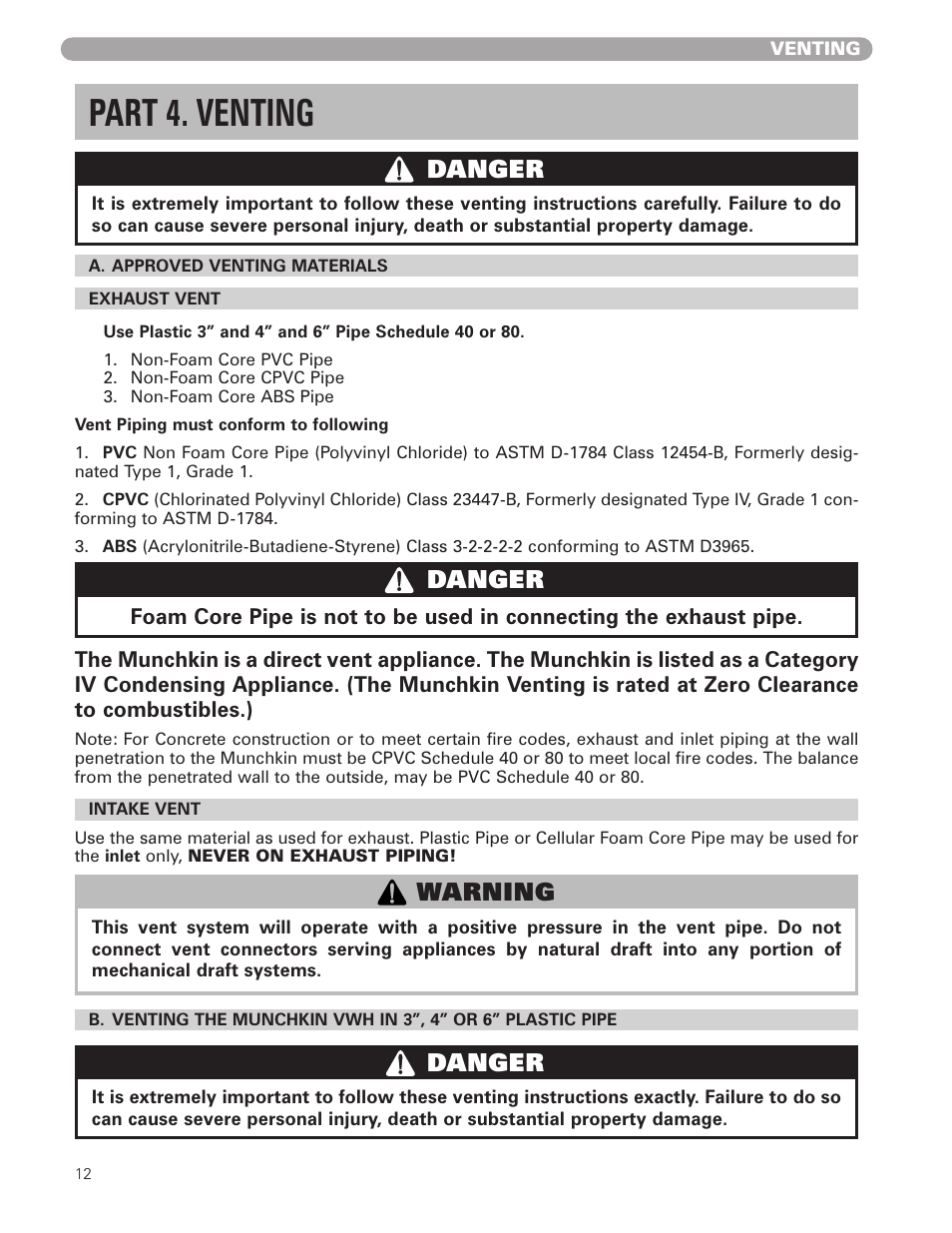 Part 4. venting, Danger, Warning | Munchkin VWH High Efficiency Hot Water Supply Boiler User Manual | Page 12 / 44