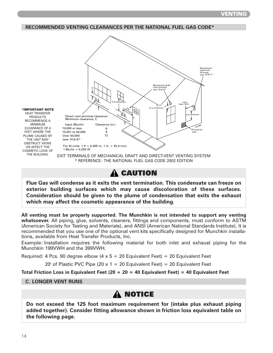 Caution, Notice, Venting | Munchkin VWH High Efficiency Hot Water Supply Boiler User Manual | Page 14 / 44