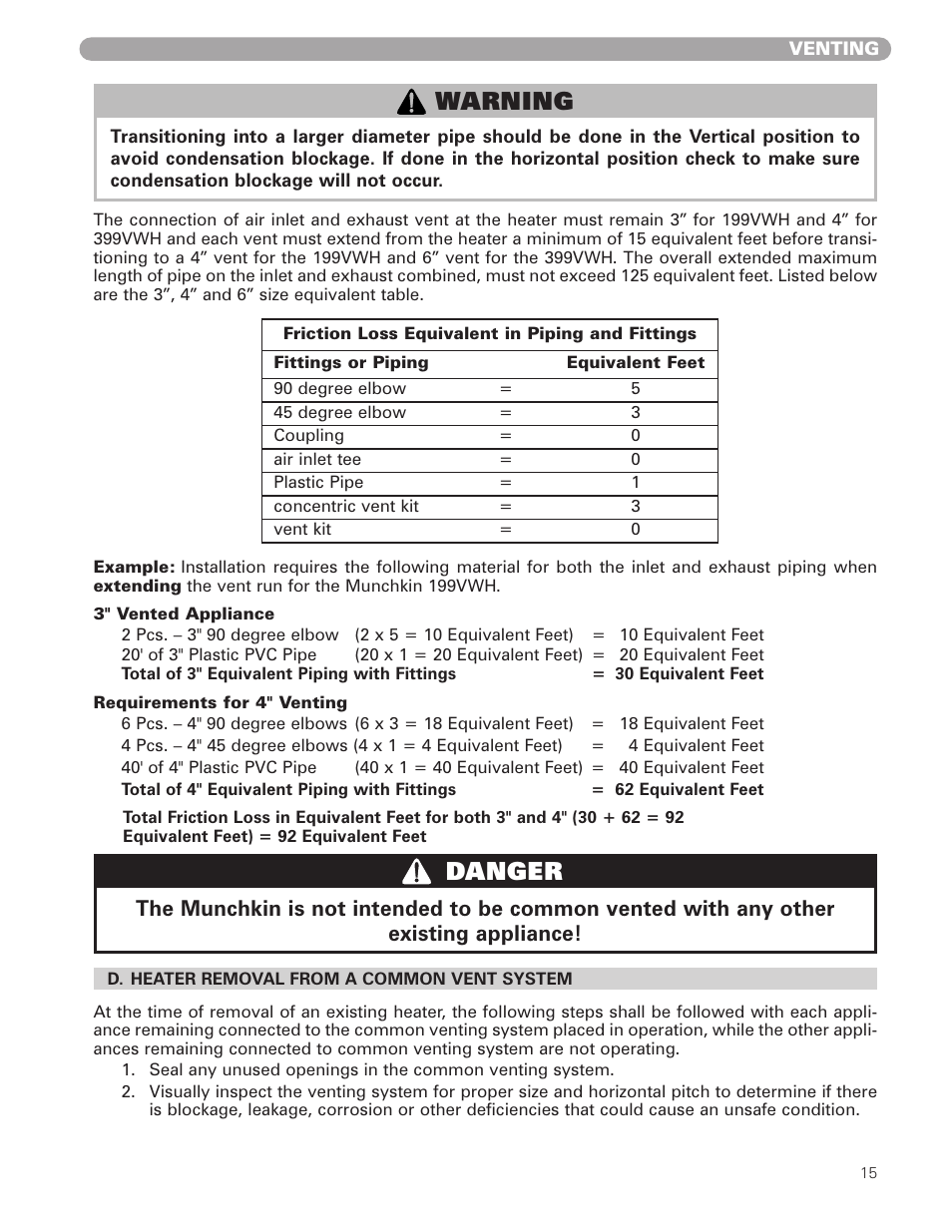 Danger, Warning | Munchkin VWH High Efficiency Hot Water Supply Boiler User Manual | Page 15 / 44