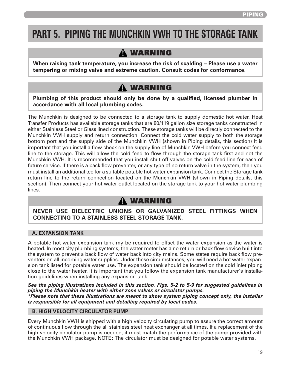 Warning | Munchkin VWH High Efficiency Hot Water Supply Boiler User Manual | Page 19 / 44