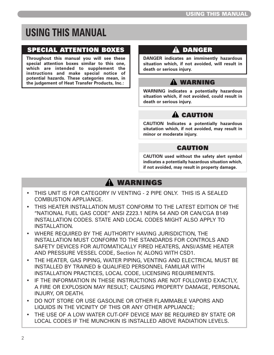 Using this manual, Warnings | Munchkin VWH High Efficiency Hot Water Supply Boiler User Manual | Page 2 / 44