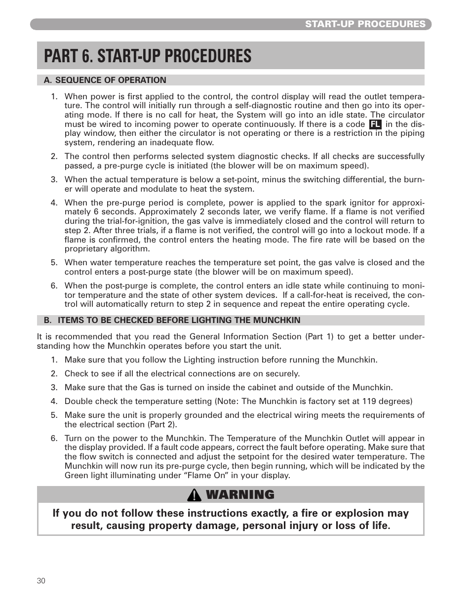 Part 6. start-up procedures, Warning | Munchkin VWH High Efficiency Hot Water Supply Boiler User Manual | Page 30 / 44