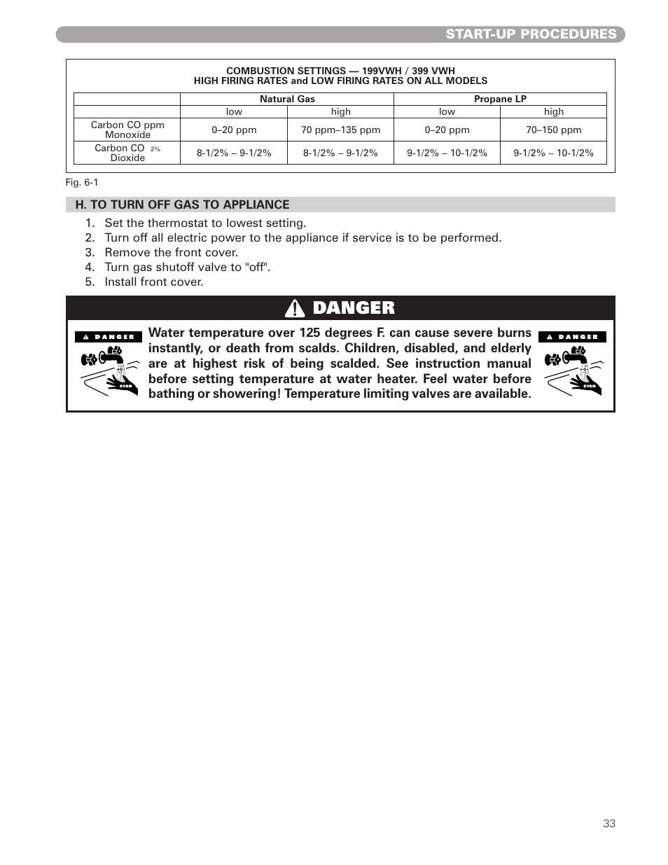 Danger, Start-up procedures | Munchkin VWH High Efficiency Hot Water Supply Boiler User Manual | Page 33 / 44