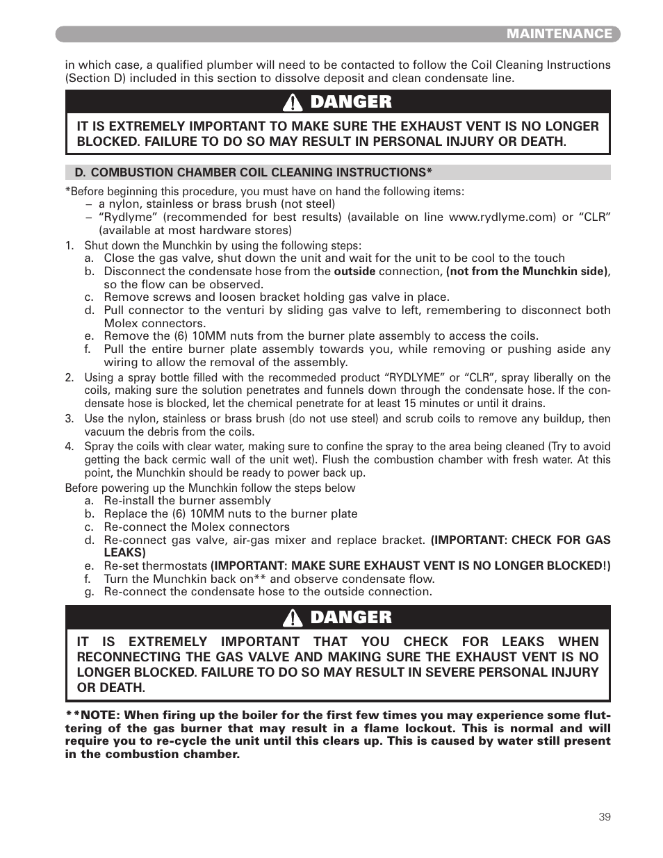 Danger | Munchkin VWH High Efficiency Hot Water Supply Boiler User Manual | Page 39 / 44