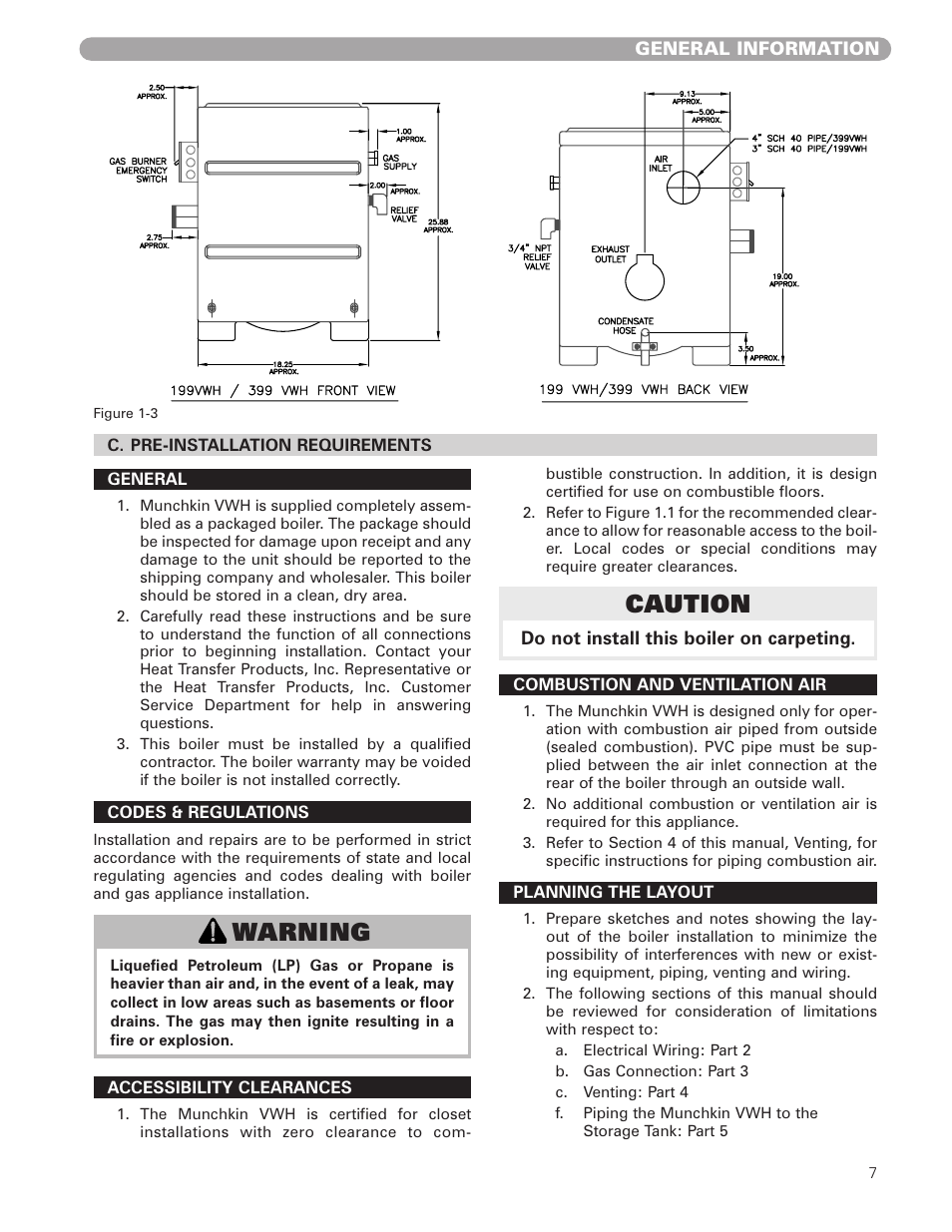Warning, Caution | Munchkin VWH High Efficiency Hot Water Supply Boiler User Manual | Page 7 / 44