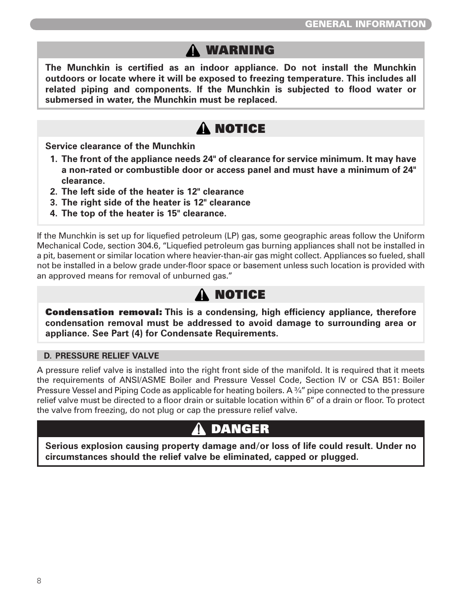 Notice, Warning, Danger | Munchkin VWH High Efficiency Hot Water Supply Boiler User Manual | Page 8 / 44