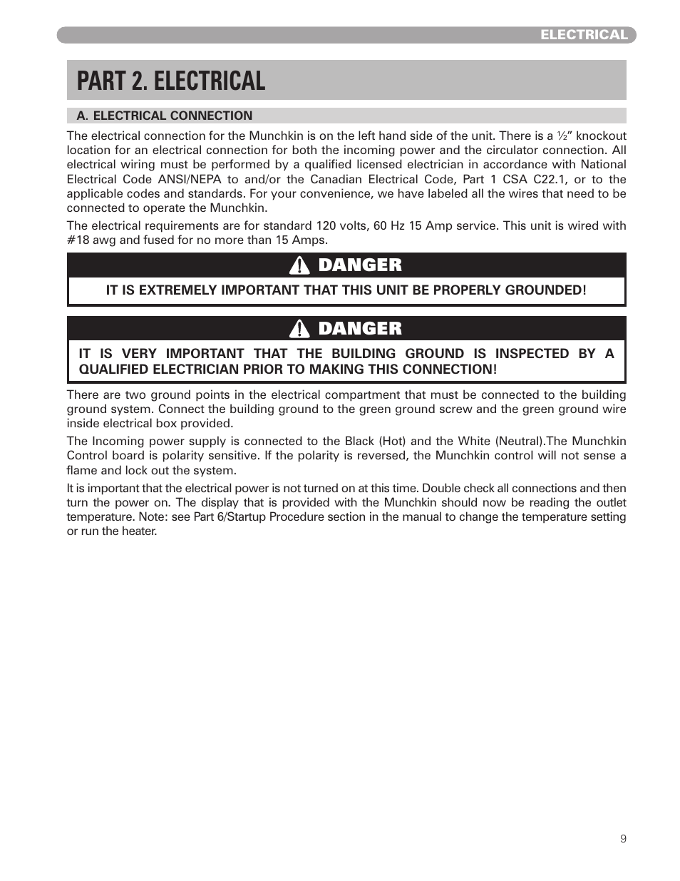 Part 2. electrical, Danger | Munchkin VWH High Efficiency Hot Water Supply Boiler User Manual | Page 9 / 44