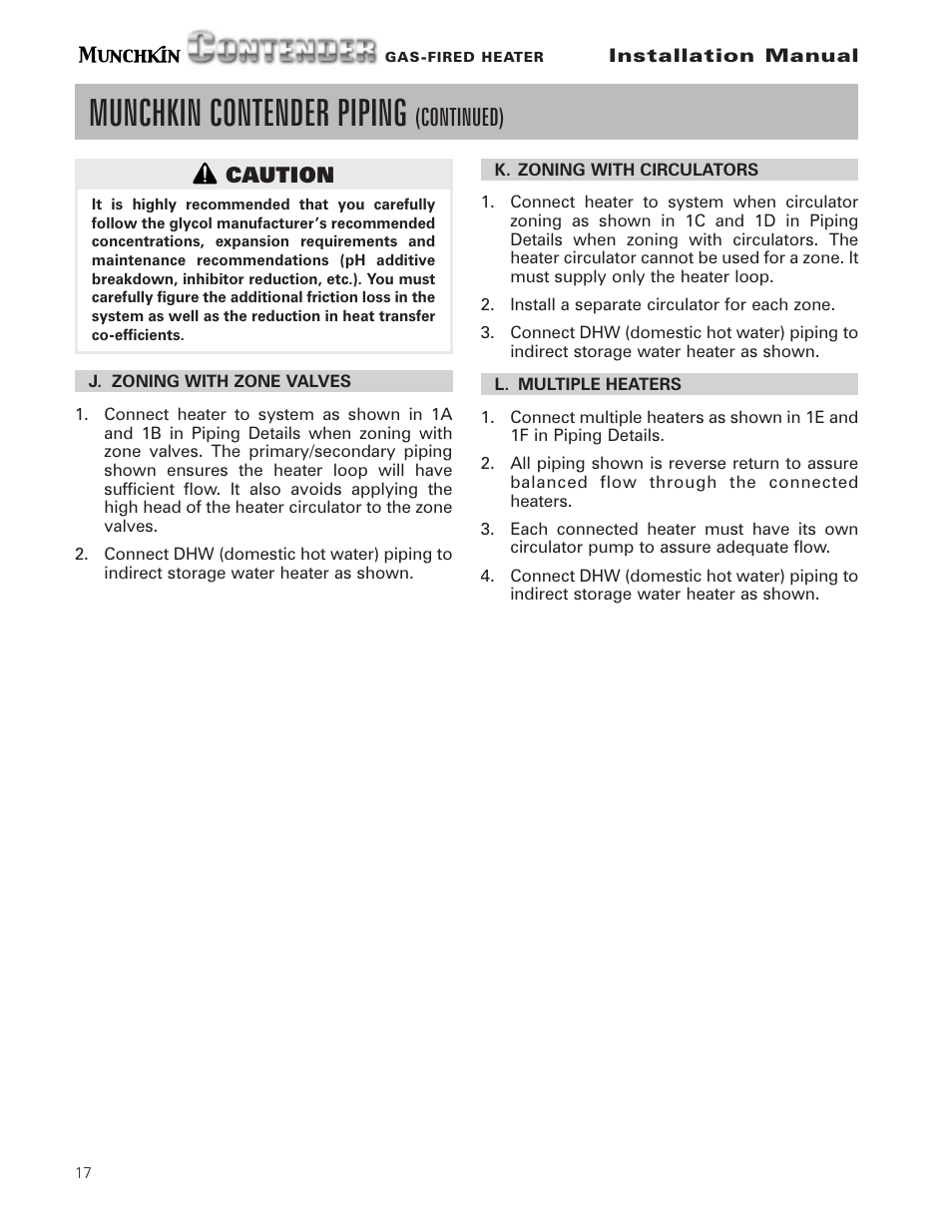 Munchkin contender piping, Continued) | Munchkin Gas-Fired Hot Water Circulating Heater User Manual | Page 18 / 72