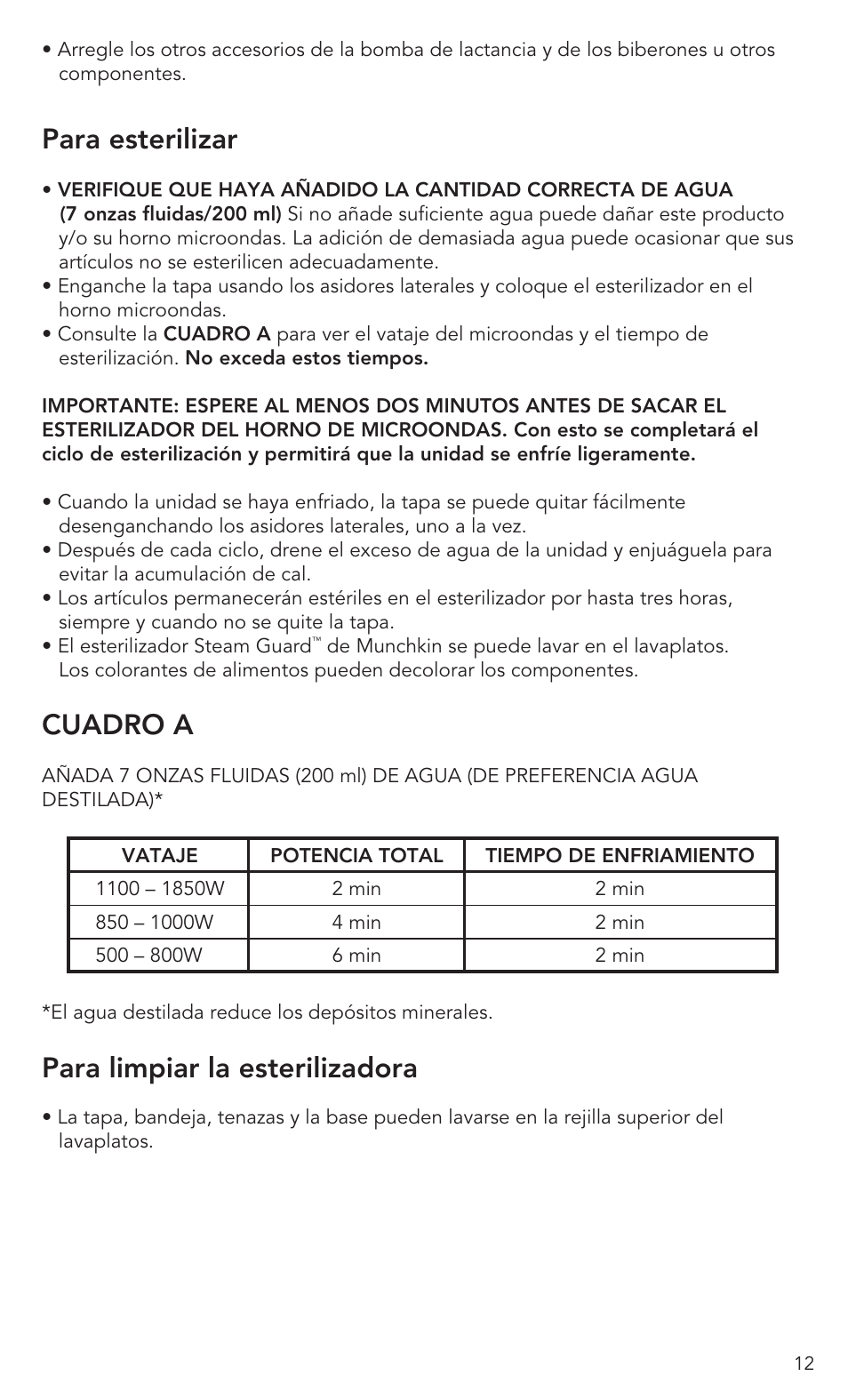 Para esterilizar, Cuadro a, Para limpiar la esterilizadora | Munchkin Baby Accessories User Manual | Page 13 / 14