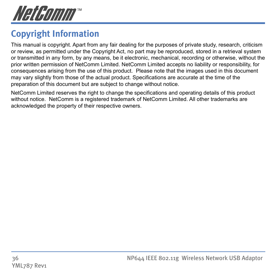 Copyright information | Mobility Electronics NP644 User Manual | Page 36 / 40