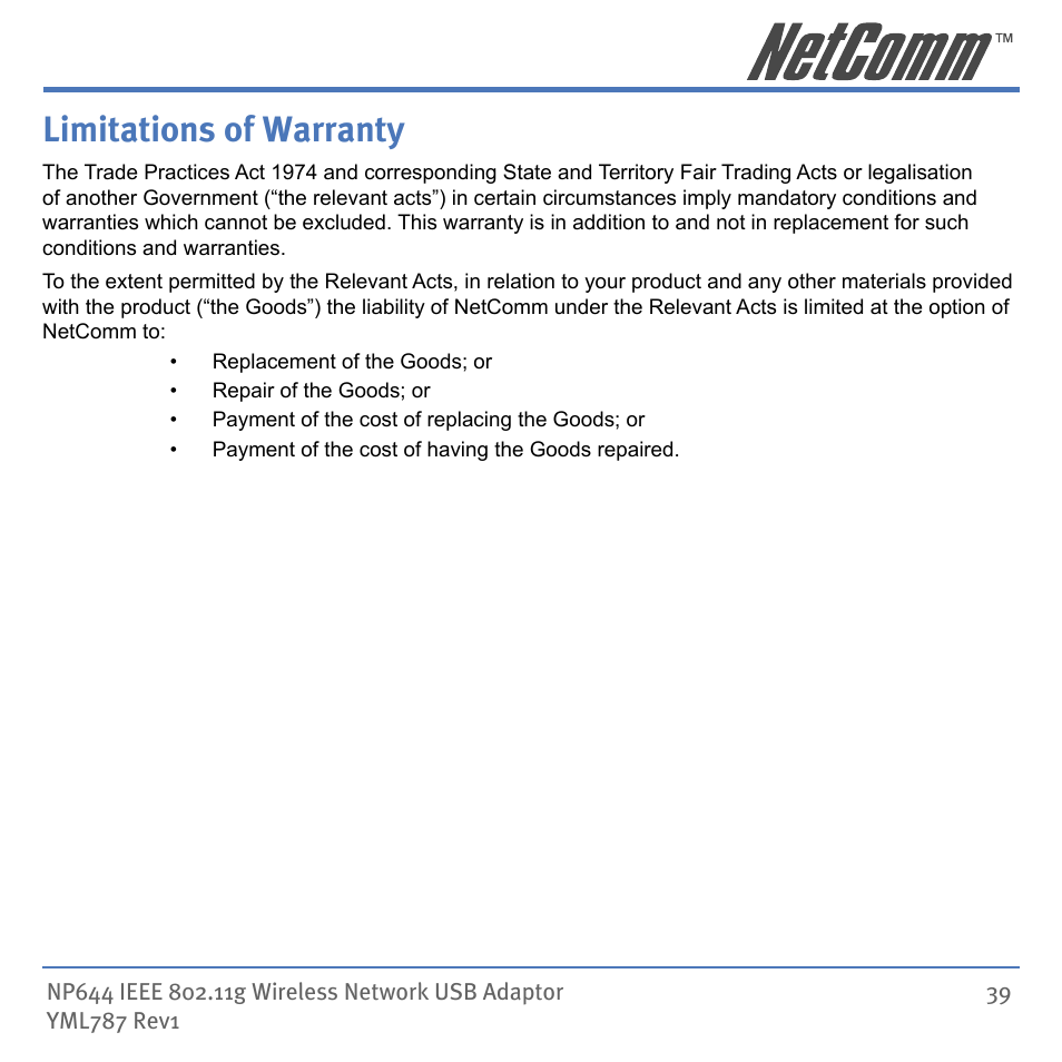 Limitations of warranty | Mobility Electronics NP644 User Manual | Page 39 / 40