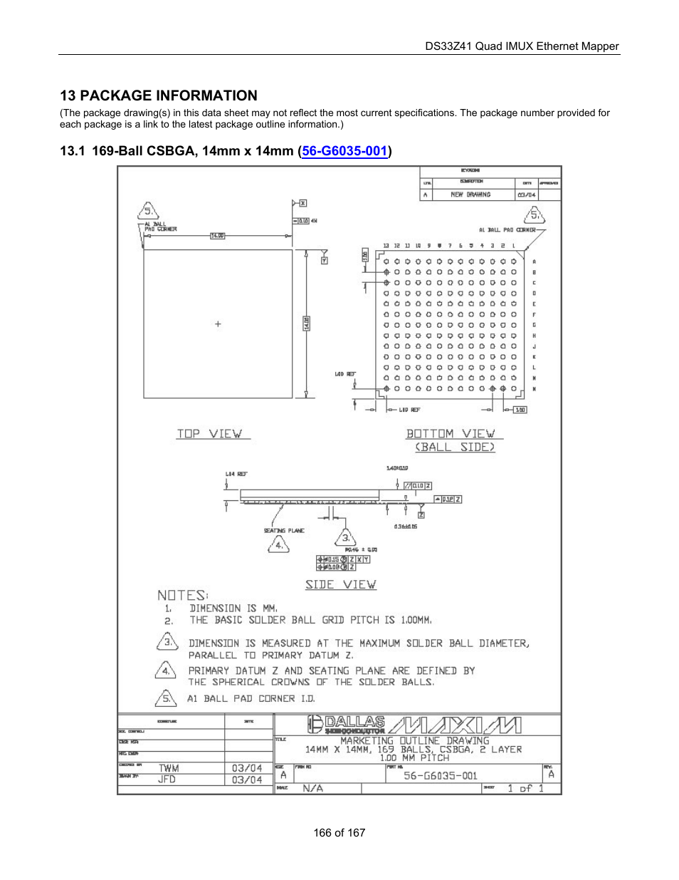 Package information, Ball csbga, 14mm x 14mm (56-g6035-001), Csbga, 14 | Mm x, G6035-001), 13 package information | Maxim Integrated DS33Z41 User Manual | Page 166 / 167