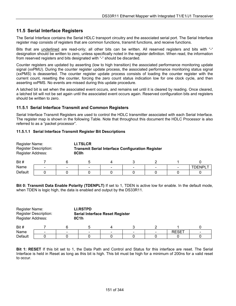 5 serial interface registers, 1 serial interface transmit and common registers, Erial | Nterface, Egisters, Serial interface transmit and common registers, Li.rstpd, Resets all the status | Maxim Integrated DS33R11 User Manual | Page 151 / 344