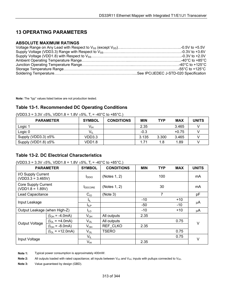 13 operating parameters, Operating parameters, Table 13-1. recommended dc operating conditions | Table 13-2. dc electrical characteristics, In section, For more details | Maxim Integrated DS33R11 User Manual | Page 313 / 344