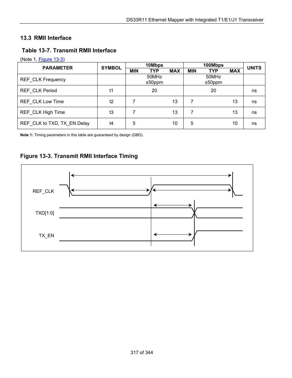 3 rmii interface, Rmii i, Nterface | Figure 13-3. transmit rmii interface timing, Table 13-7. transmit rmii interface | Maxim Integrated DS33R11 User Manual | Page 317 / 344