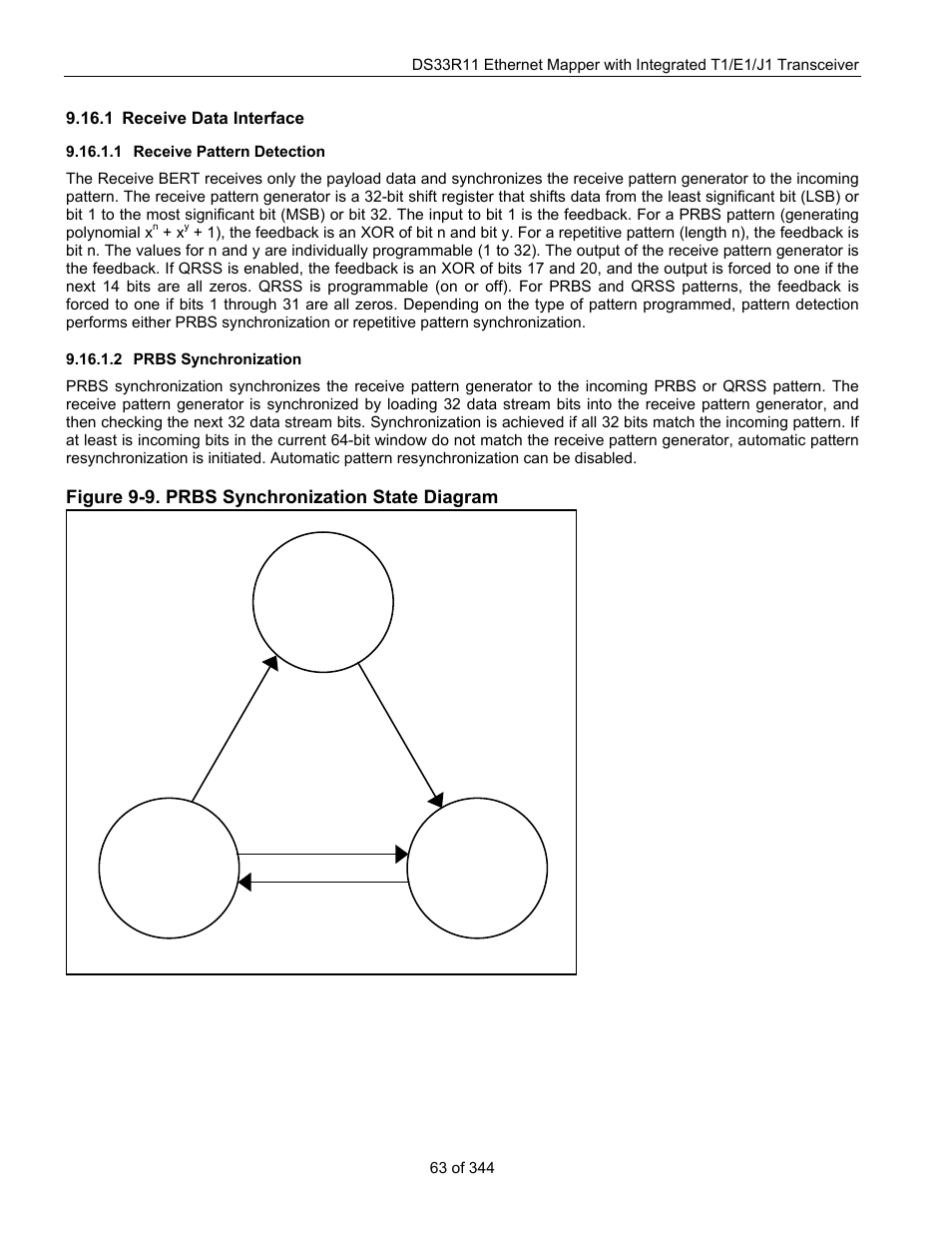 1 receive data interface, 1 receive pattern detection, 2 prbs synchronization | Receive data interface, Figure 9-9. prbs synchronization state diagram, Sync load verify | Maxim Integrated DS33R11 User Manual | Page 63 / 344