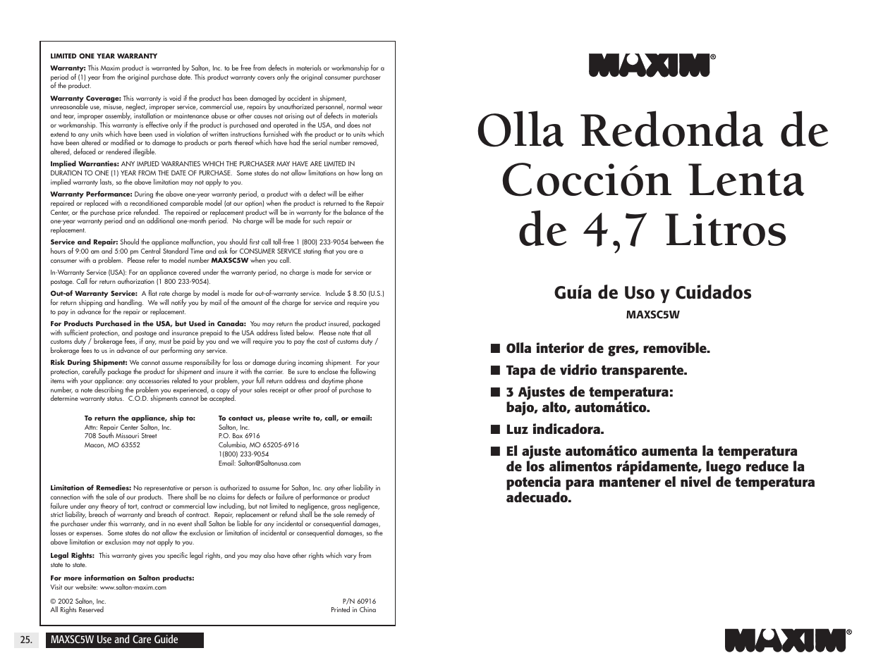 Olla redonda de cocción lenta de 4,7 litros, Guía de uso y cuidados | Maxim Integrated MAXSC5W User Manual | Page 26 / 26