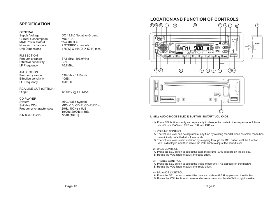 Location and function of controls, Specification | Metrik Mobile Electronics MCD-797 User Manual | Page 3 / 8