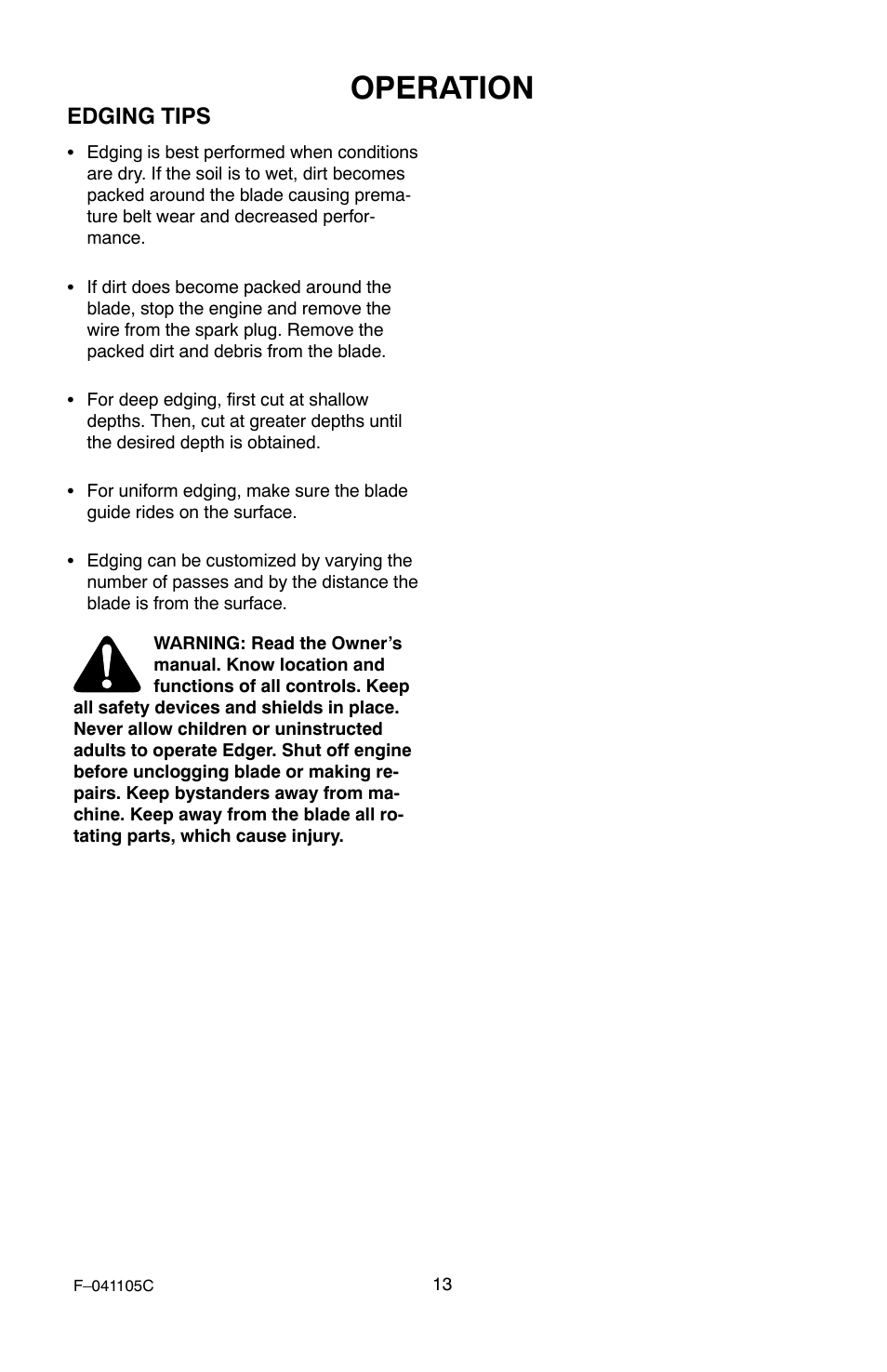 Operation, Edging tips | Murray EV3850x4NA User Manual | Page 13 / 24