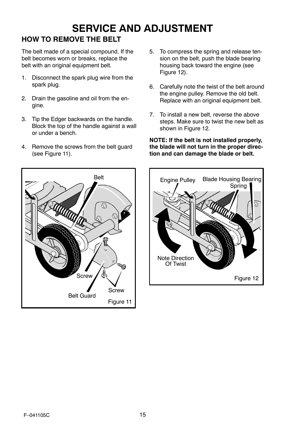 Service and adjustment, How to remove the belt | Murray EV3850x4NA User Manual | Page 15 / 24