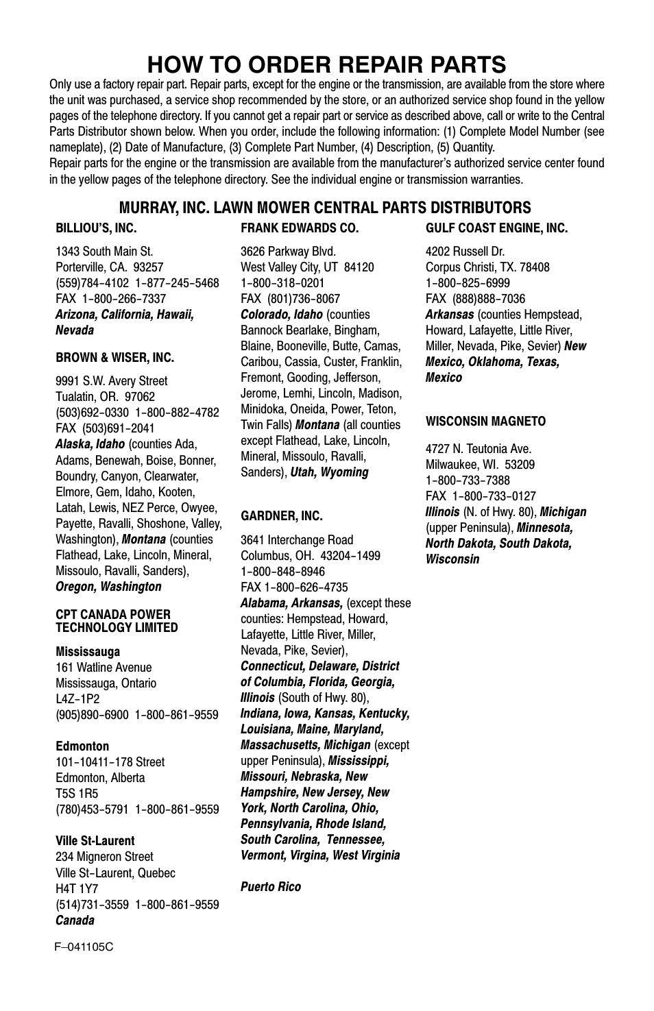 How to order repair parts, Murray, inc. lawn mower central parts distributors | Murray EV3850x4NA User Manual | Page 24 / 24