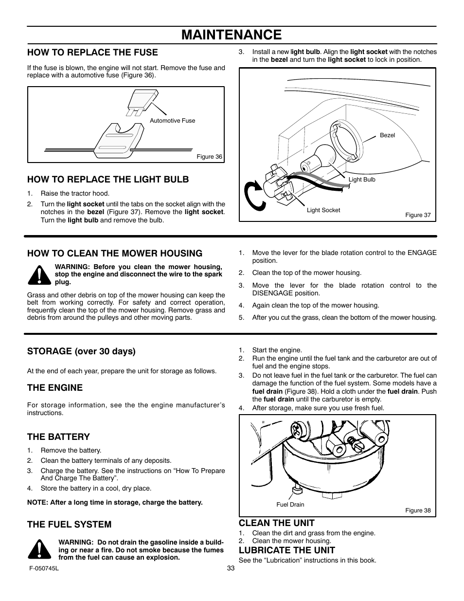 Maintenance, How to replace the fuse, How to replace the light bulb | How to clean the mower housing, Storage (over 30 days), The engine, The battery, The fuel system, Clean the unit, Lubricate the unit | Murray 405011x48A User Manual | Page 33 / 52