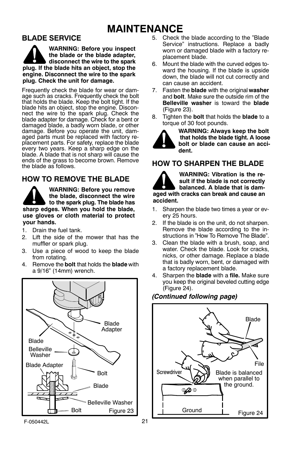 Maintenance, Blade service, How to remove the blade | How to sharpen the blade | Murray 22" Front Drive User Manual | Page 21 / 32