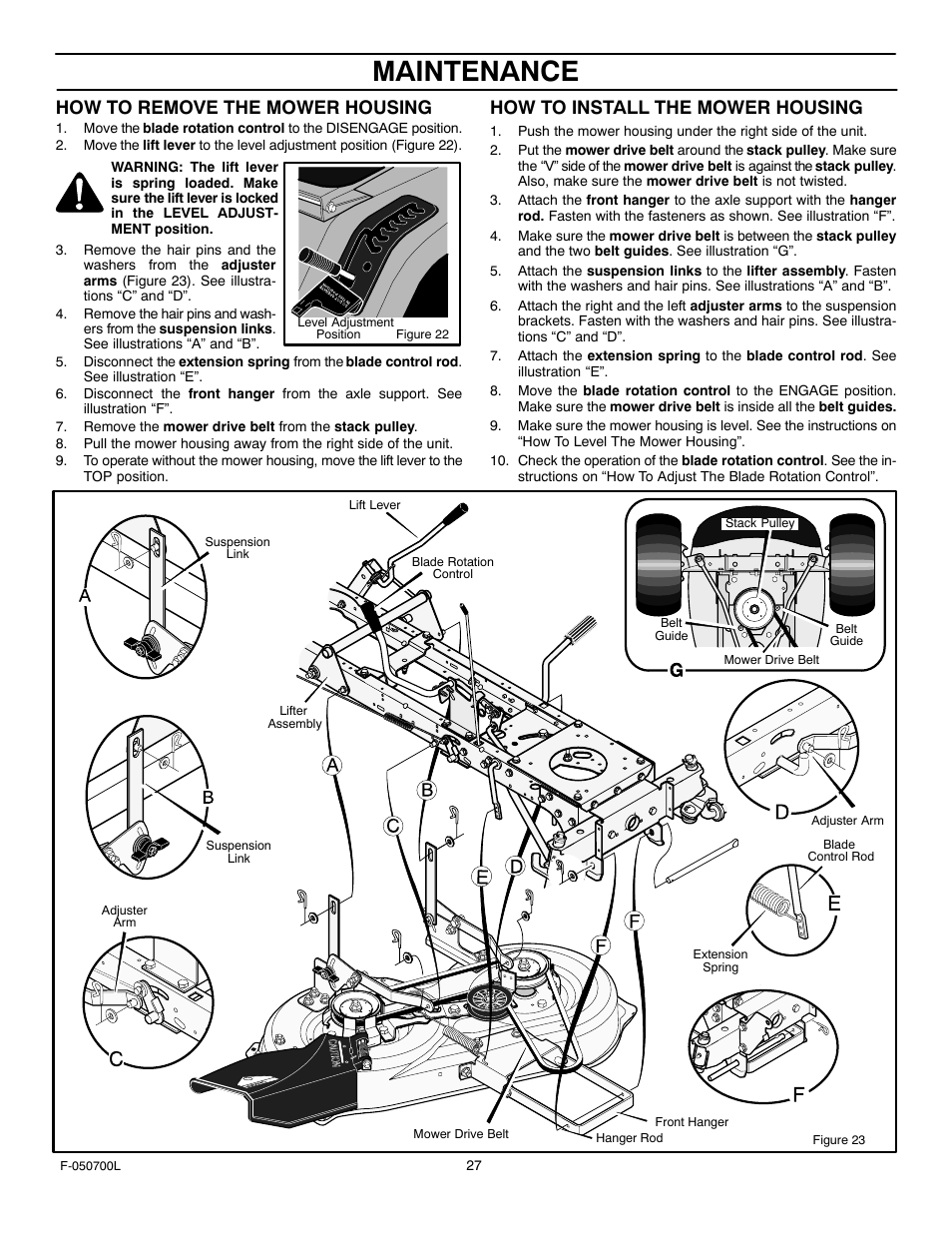 Maintenance, How to remove the mower housing, How to install the mower housing | Murray 405000x8E User Manual | Page 27 / 52