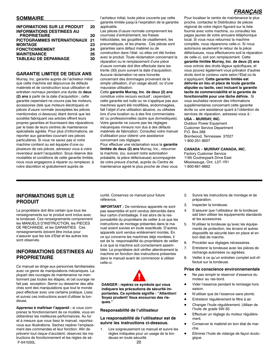 Français, Sommaire, Informations sur le produit | Informations destinees au proprietaire | Murray 629108x84B User Manual | Page 20 / 52