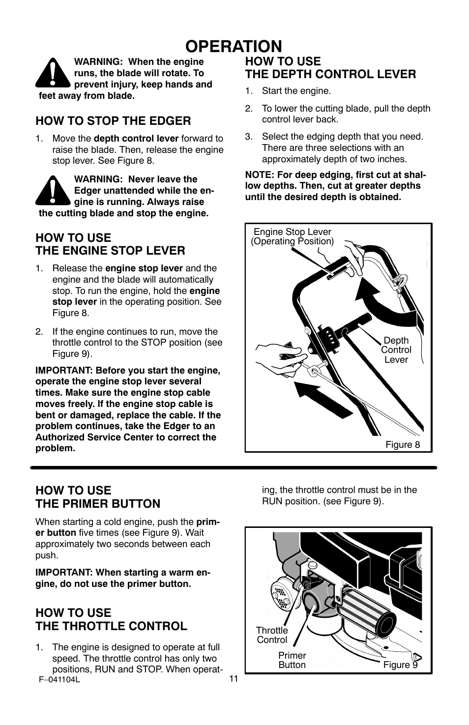 Operation, How to stop the edger, How to use the engine stop lever | How to use the depth control lever, How to use the primer button, How to use the throttle control | Murray EV3850x4B 3.8 User Manual | Page 11 / 24
