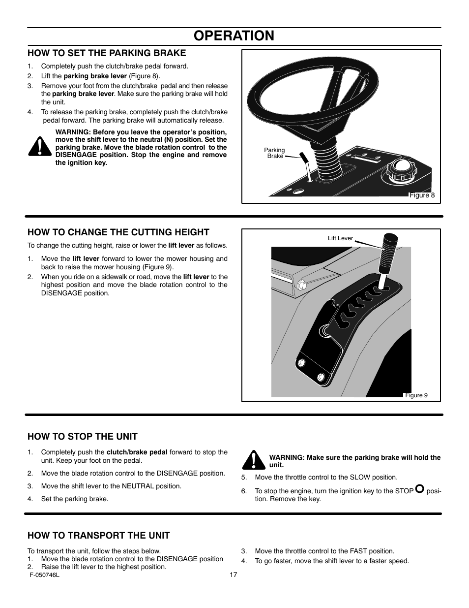 Operation, How to set the parking brake, How to change the cutting height | How to stop the unit, How to transport the unit | Murray 425016x48A User Manual | Page 17 / 56