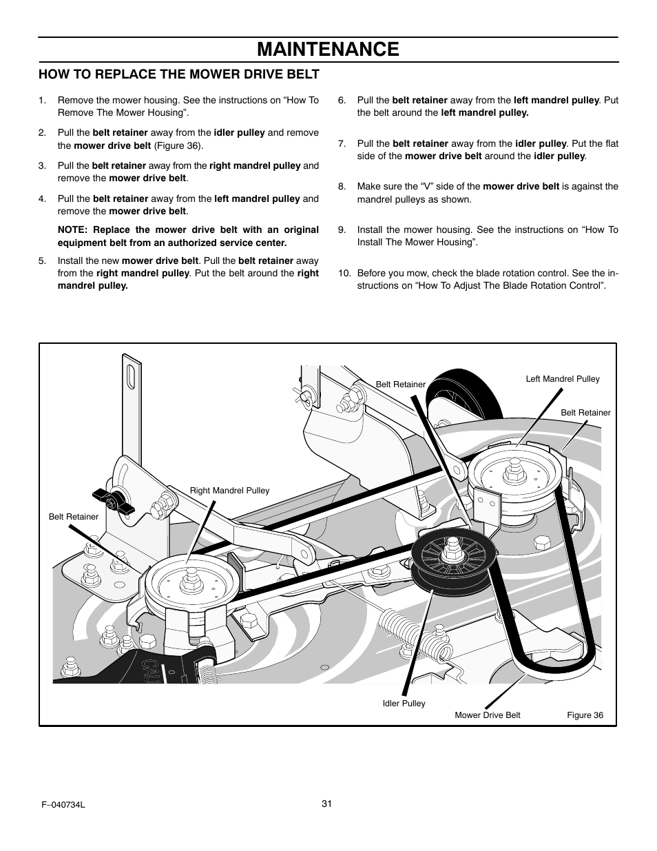 Maintenance, How to replace the mower drive belt | Murray 425015x92A User Manual | Page 31 / 52